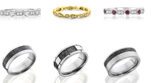 A selection of Chicago wedding bands showcasing various styles, from diamond-studded bands to modern carbon fiber inlays.