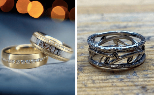 A grid showing unique custom jewelry in Chicago: On the left are custom rings with a gold band and diamond inlay, the other with a nature-inspired design.