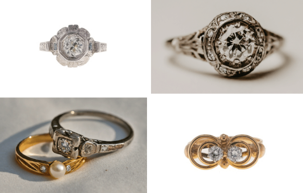 Close-up of vintage rings in Chicago, including Art Deco and Victorian-inspired designs.