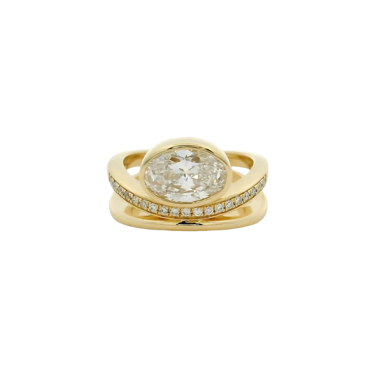 14KT yellow gold double band pave detail bezel set 2ct oval LG diamond engagement ring
