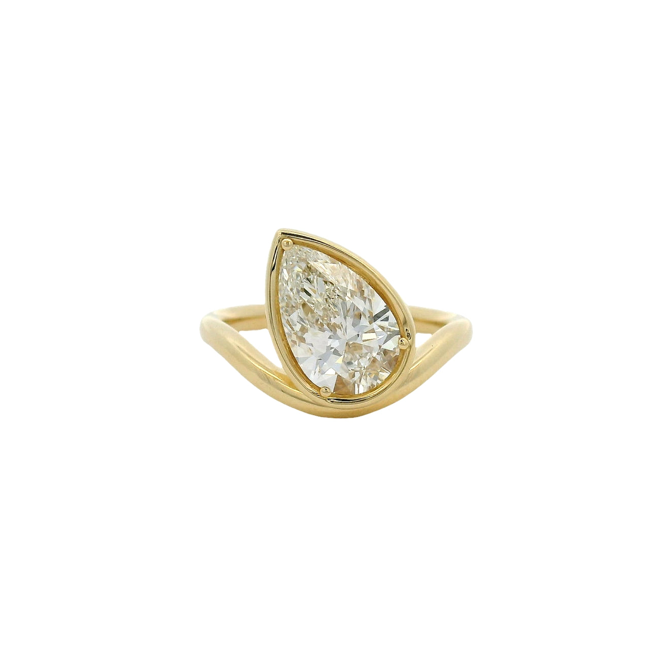 14KT yellow gold curved bezel set 2ct pear lab-grown diamond engagement ring