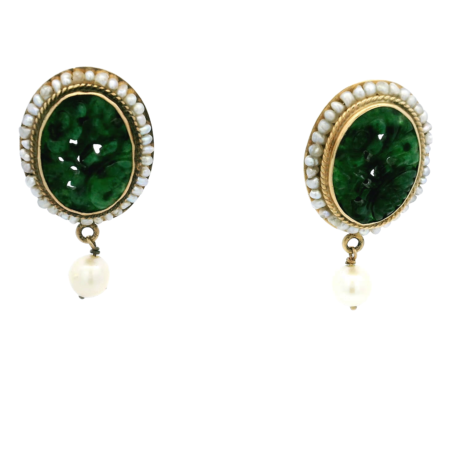 14k Vintage Jade & Pearl Earrings