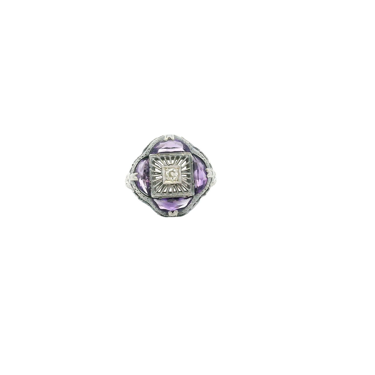 Vintage 14KWG Amethyst & Diamond Filigree Ring