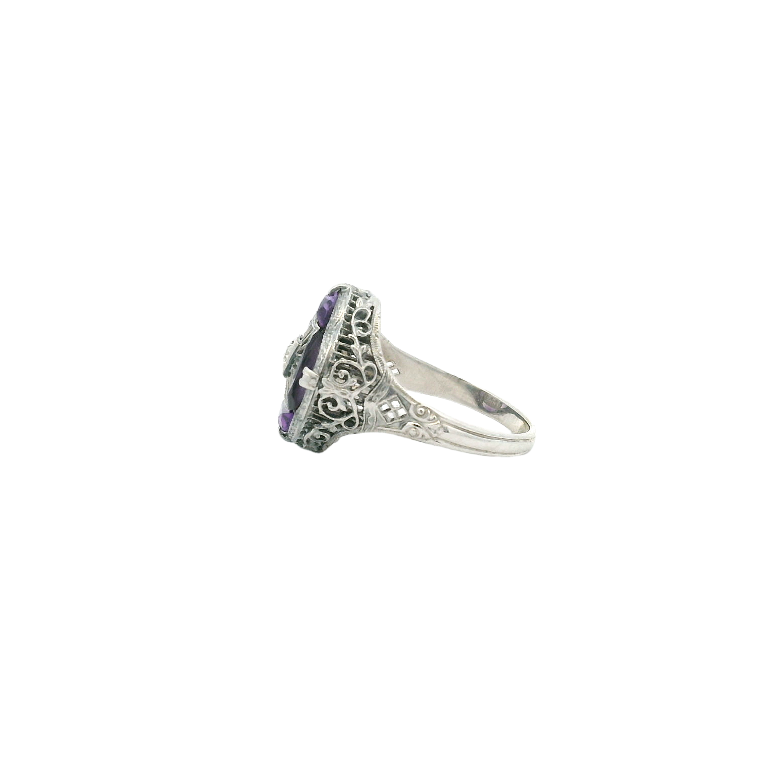 Vintage 14KWG Amethyst & Diamond Filigree Ring