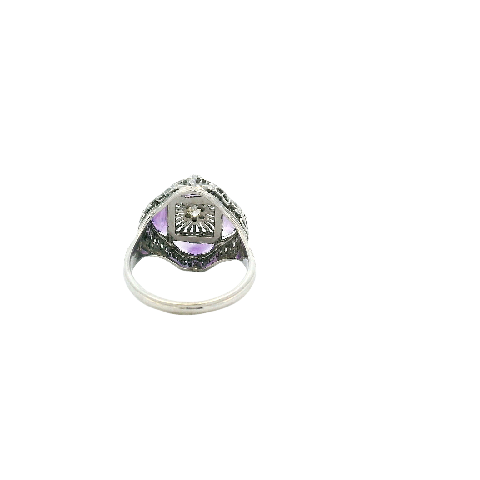 Vintage 14KWG Amethyst & Diamond Filigree Ring