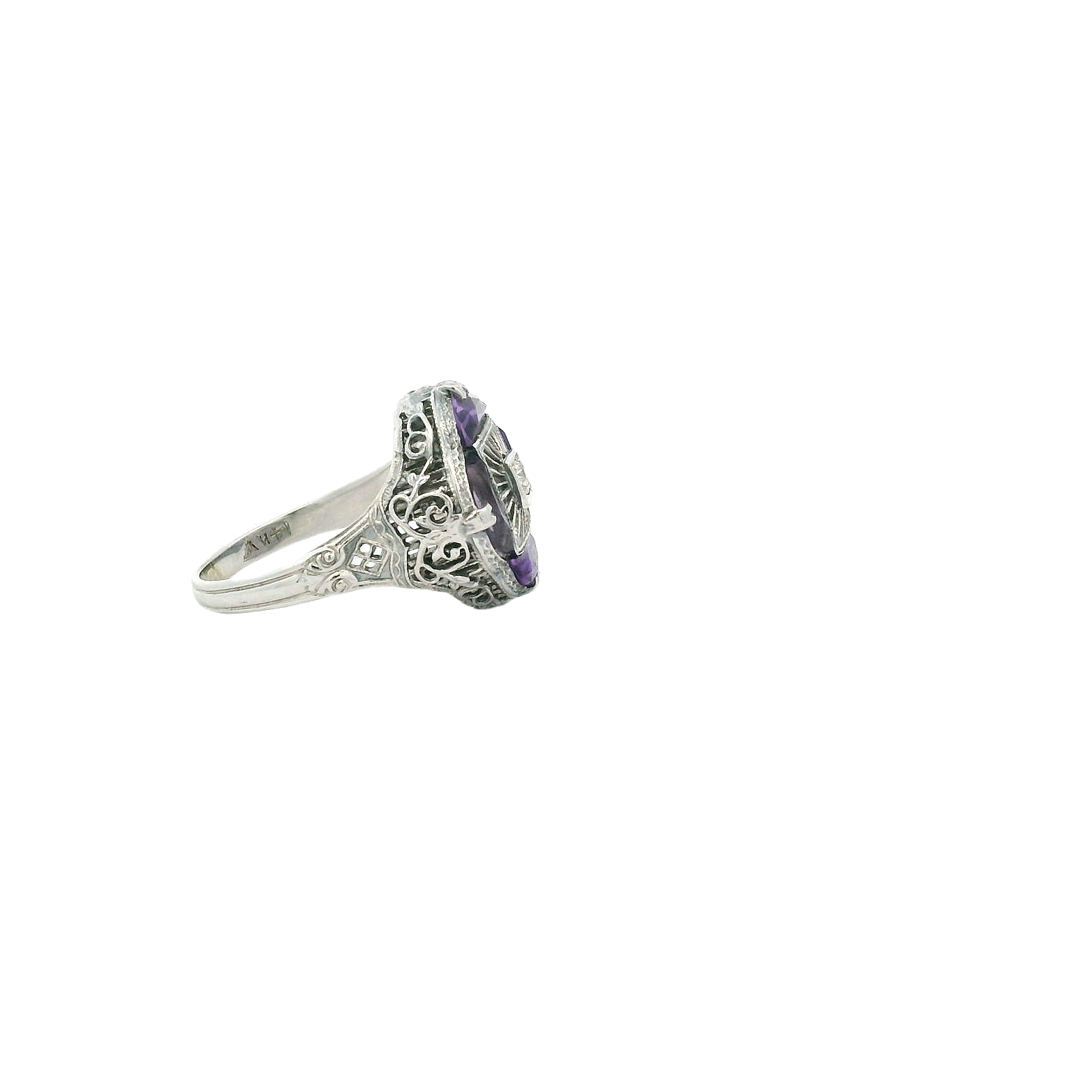 Vintage 14KWG Amethyst & Diamond Filigree Ring