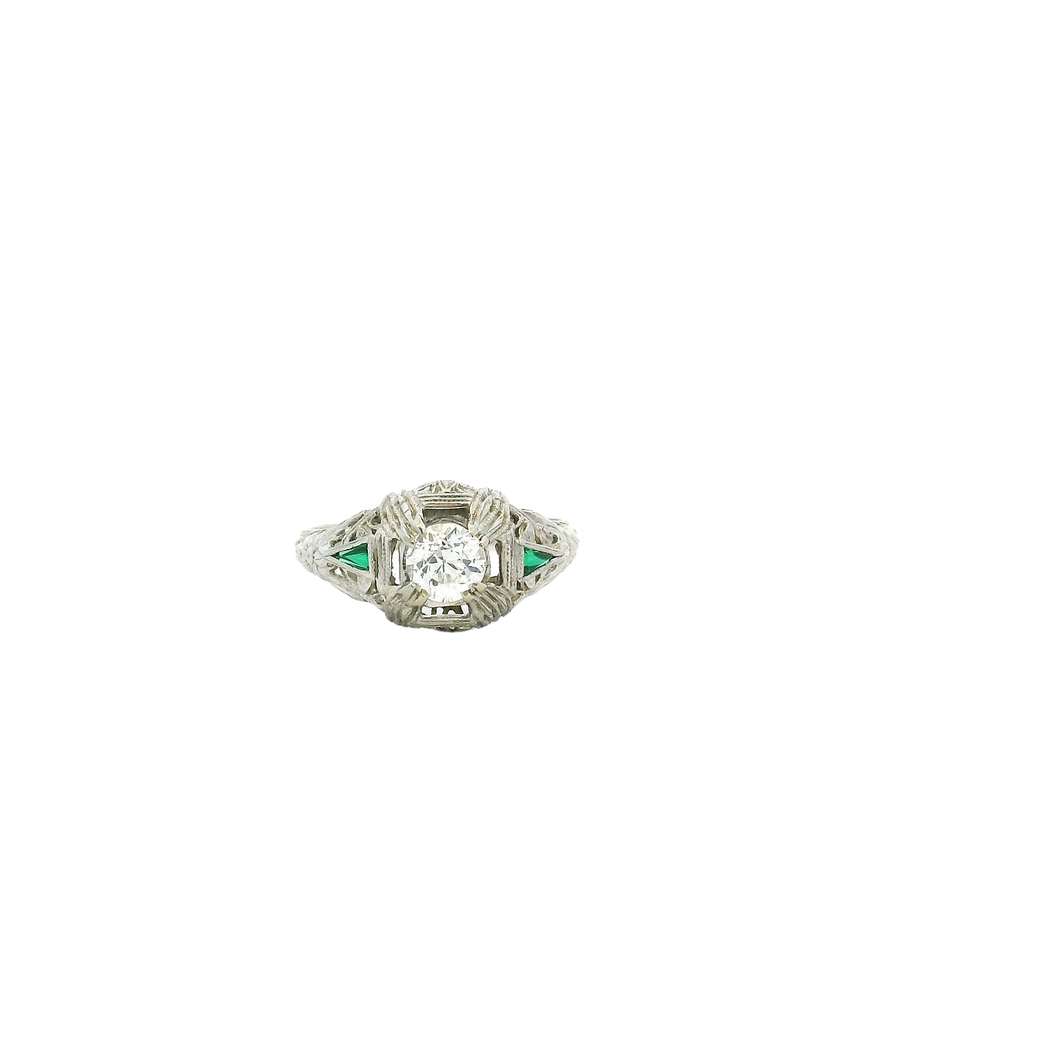 Vintage 18KWG Diamond & Emerald Ring
