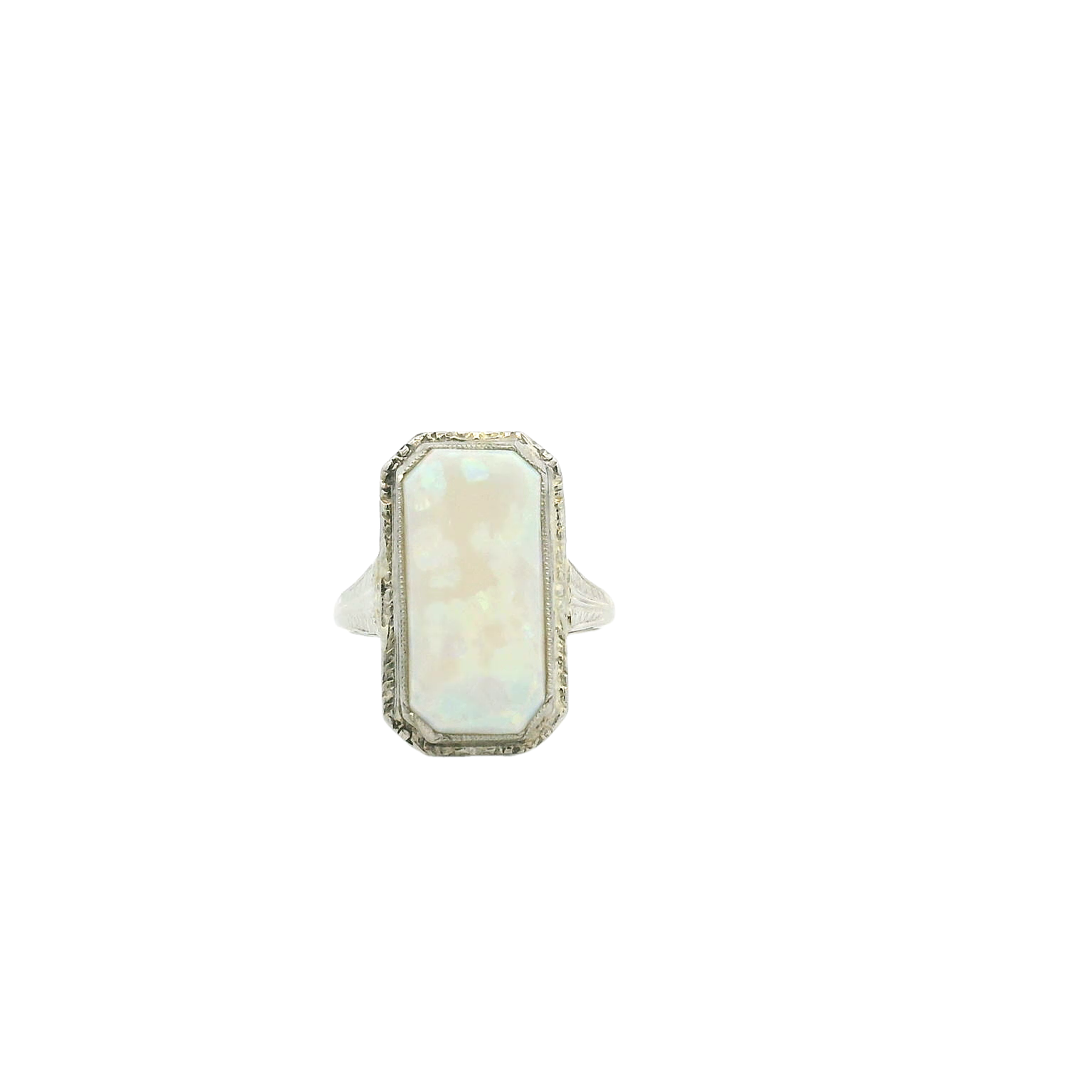Vintage 14KWG Engraved White Crystal Opal Ring
