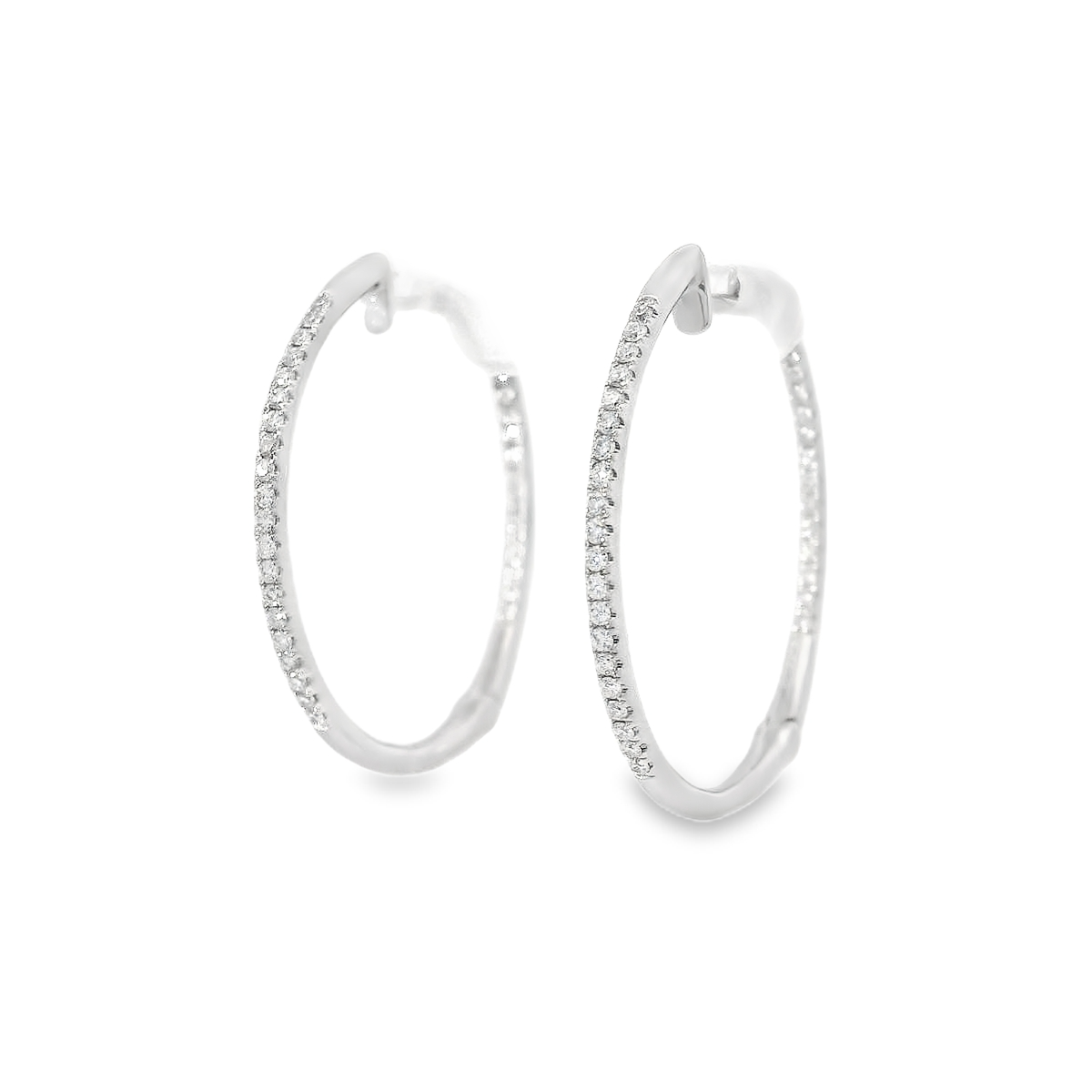White Gold Plated Silver Hoop Earrings with Round Cut Diamonds