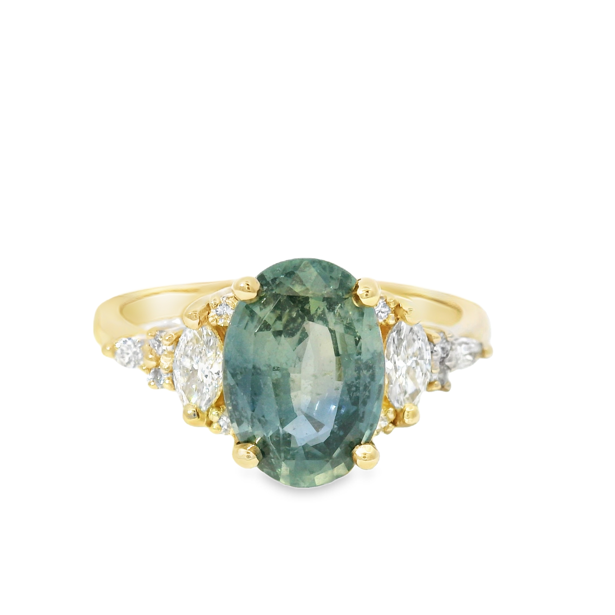 Yellow Gold Multistone Ring with Emerald Green Sapphire