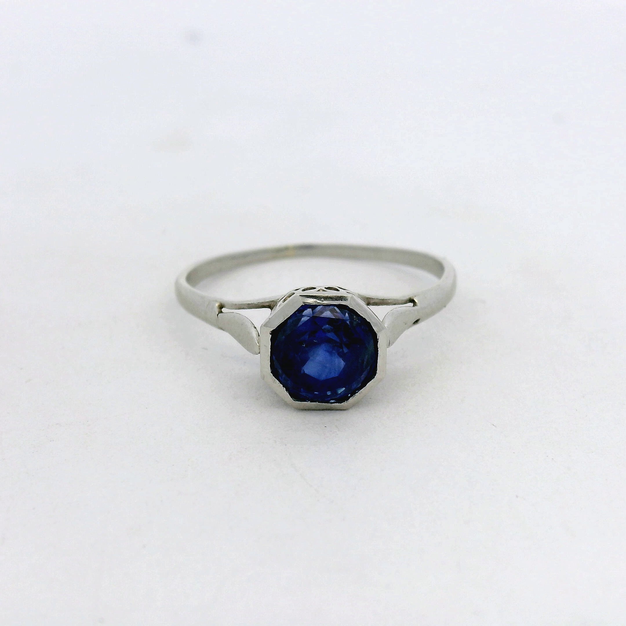 Platinum Royal Blue Sapphire Octagonal Bezel Solitaire Ring