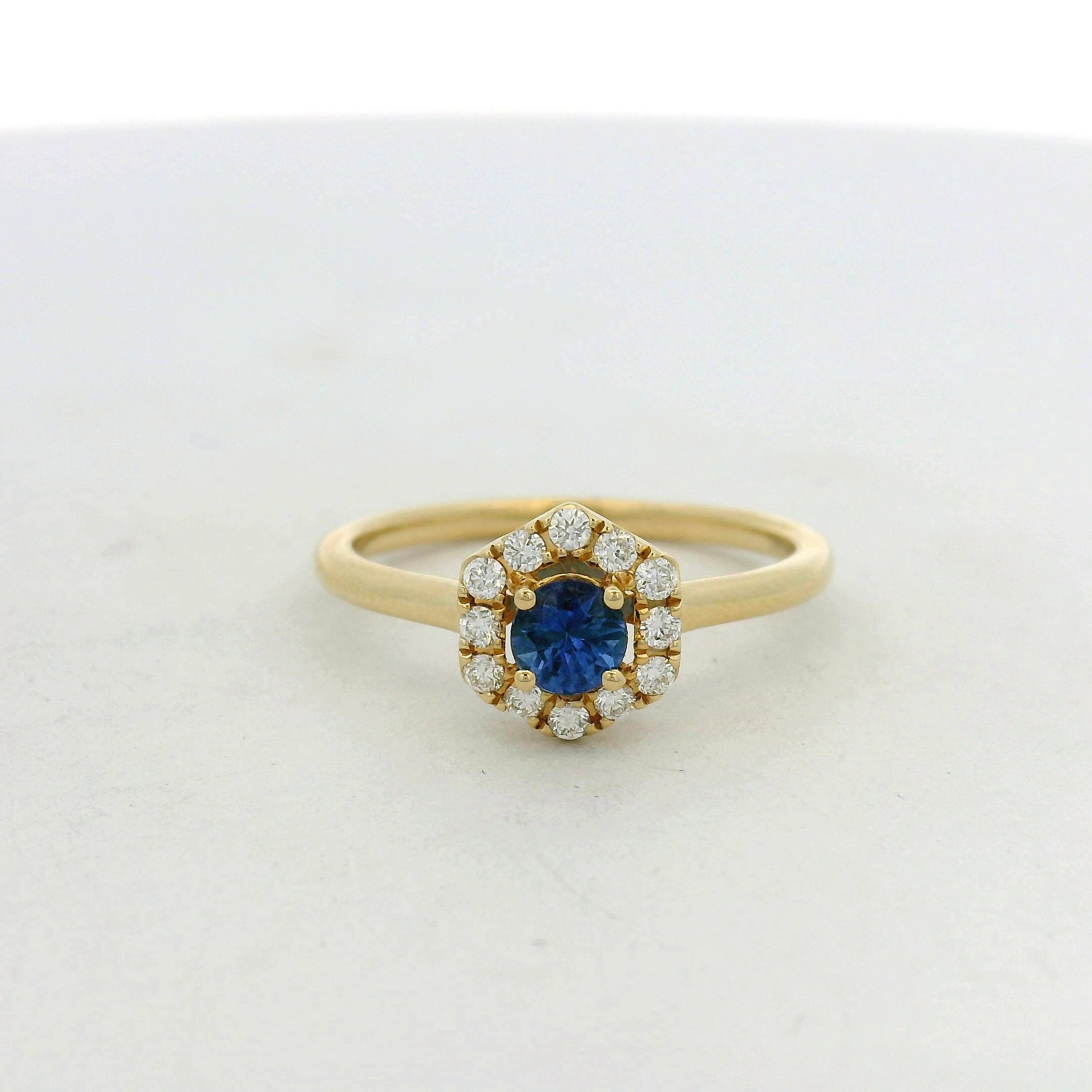 Yellow Gold Royal Blue Sapphire Hexagonal Halo Ring