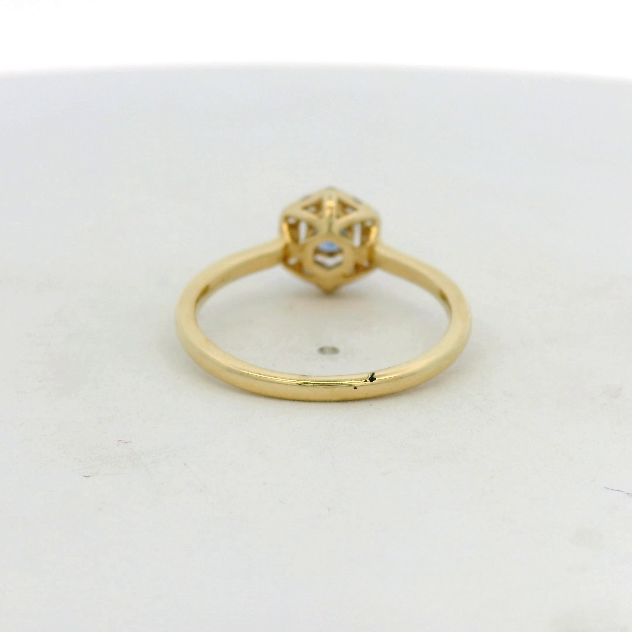 Yellow Gold Royal Blue Sapphire Hexagonal Halo Ring