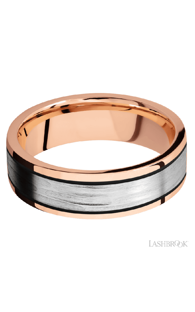 7 mm wide/Flat/14K Rose Gold band with one 4 mm Centered inlay of 14K White Gold.
