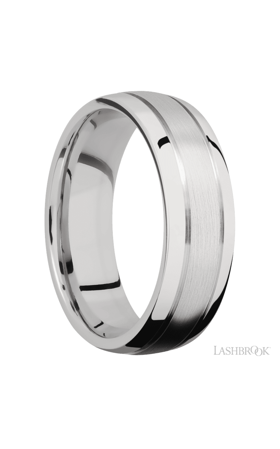 7 mm wide Domed with two accent grooves 14K White Gold band.