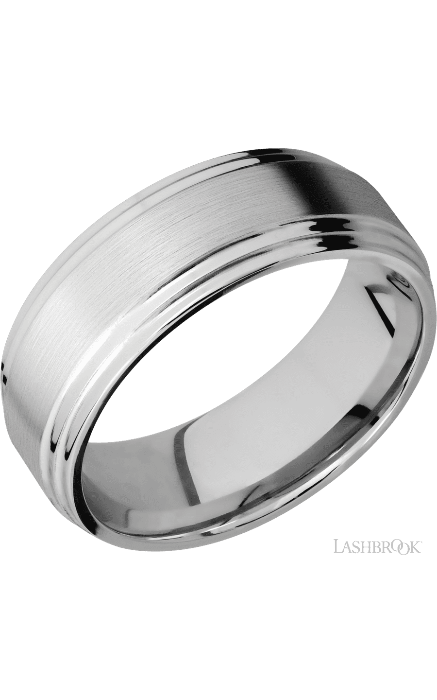 8 mm wide Flat Double Stepped Edges 14K White Gold band.