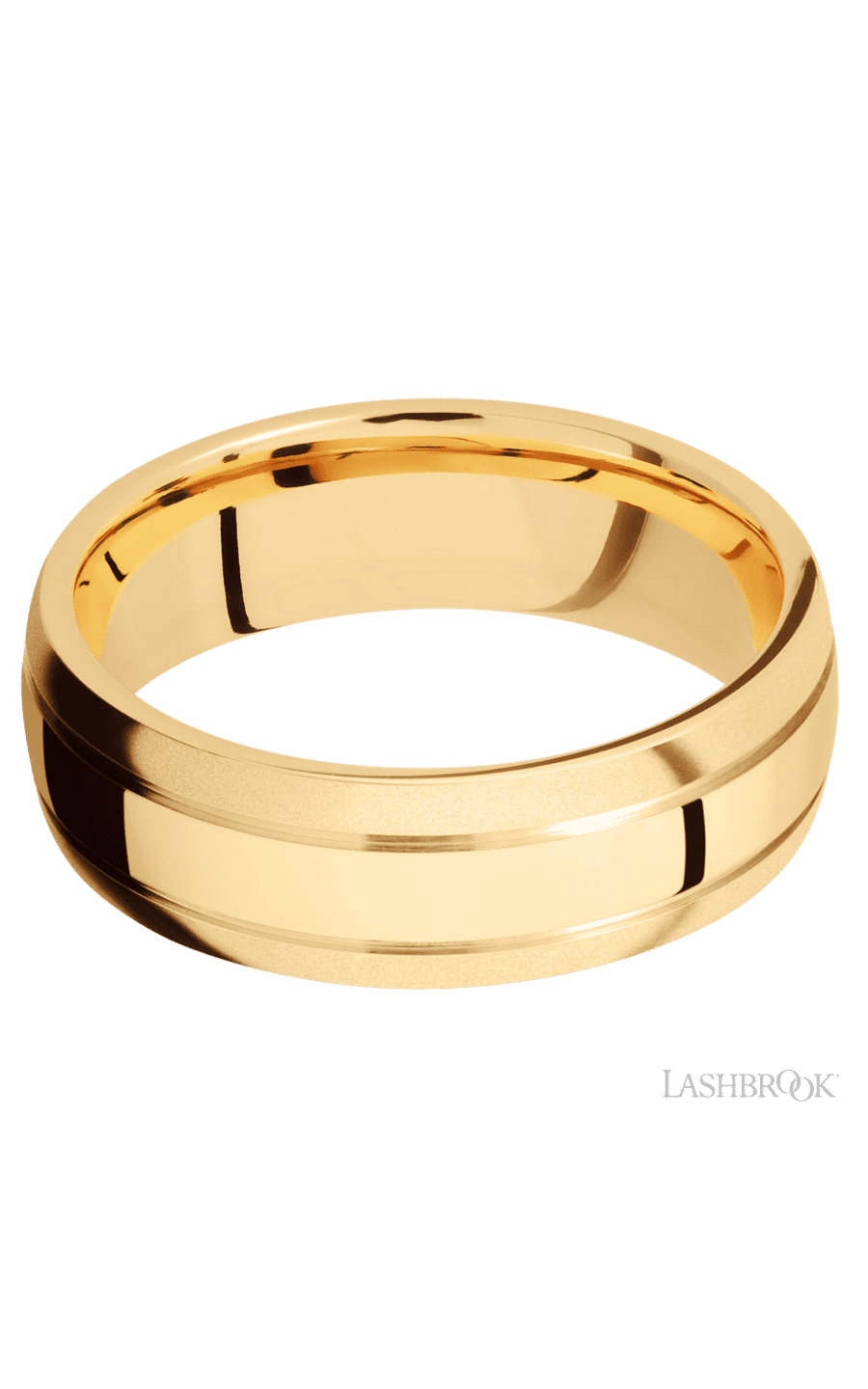 7 mm wide Domed with two accent grooves 14K Yellow Gold band.