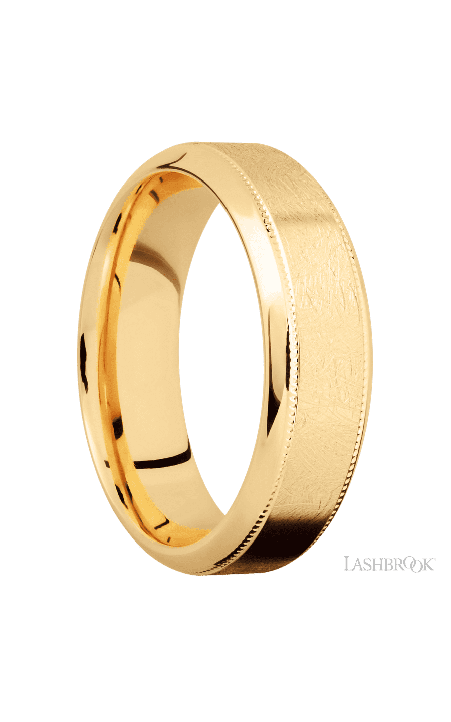 7 mm wide High Bevel Milgrain 14K Yellow Gold band.