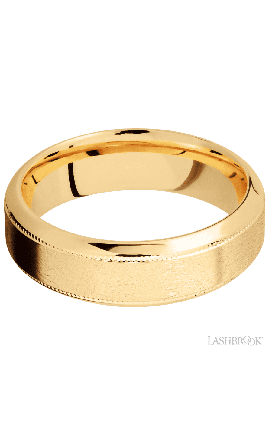 7 mm wide High Bevel Milgrain 14K Yellow Gold band.