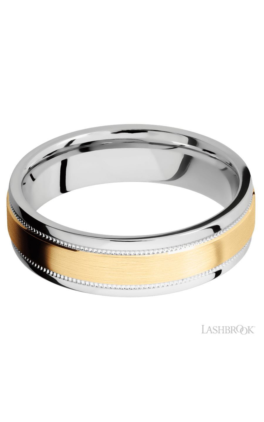 6 mm wide/Flat Stepped Edges Milgrain/Cobalt Chrome band with one 3 mm Raised Centered inlay of 14K Yellow Gold.