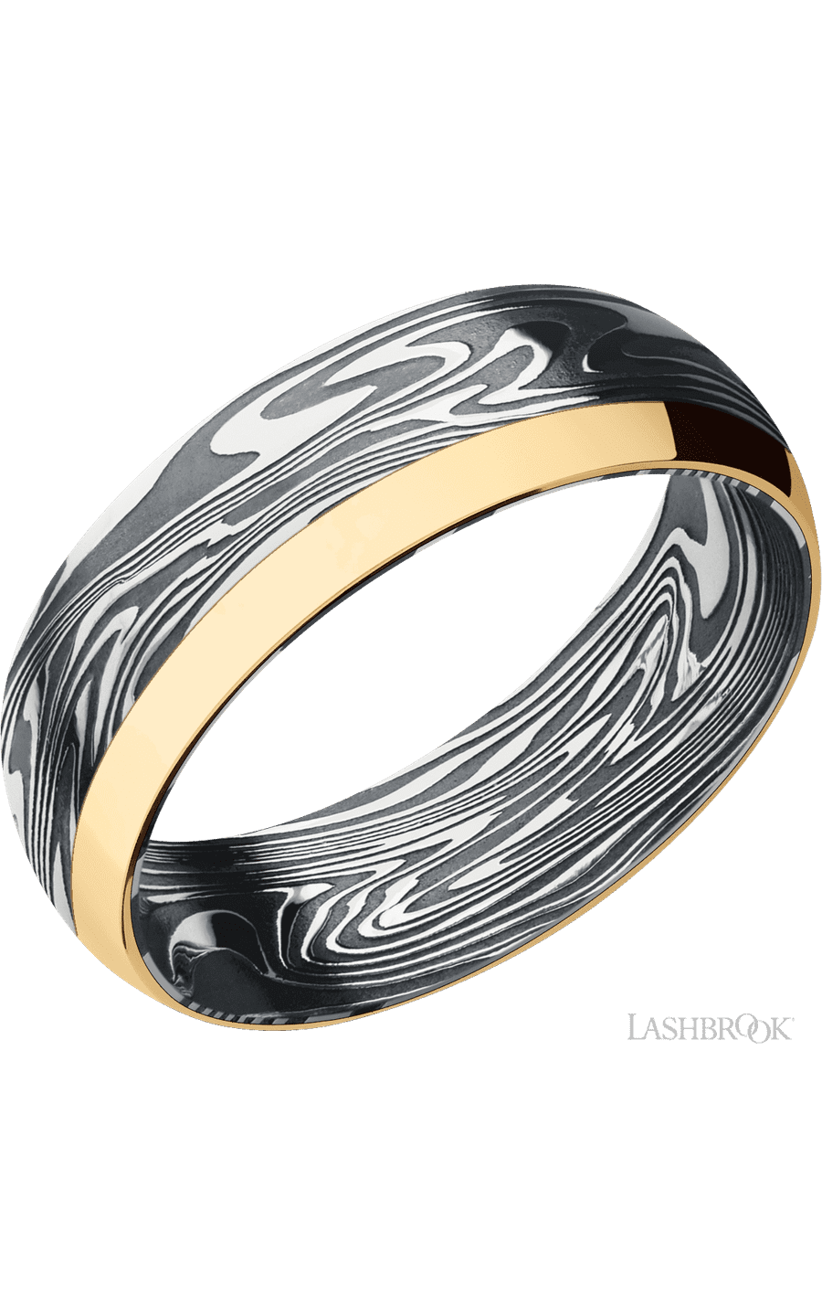 7 mm wide/Domed/Kinetic band with one 2 mm Off Center Edge inlay of 14K Yellow Gold.