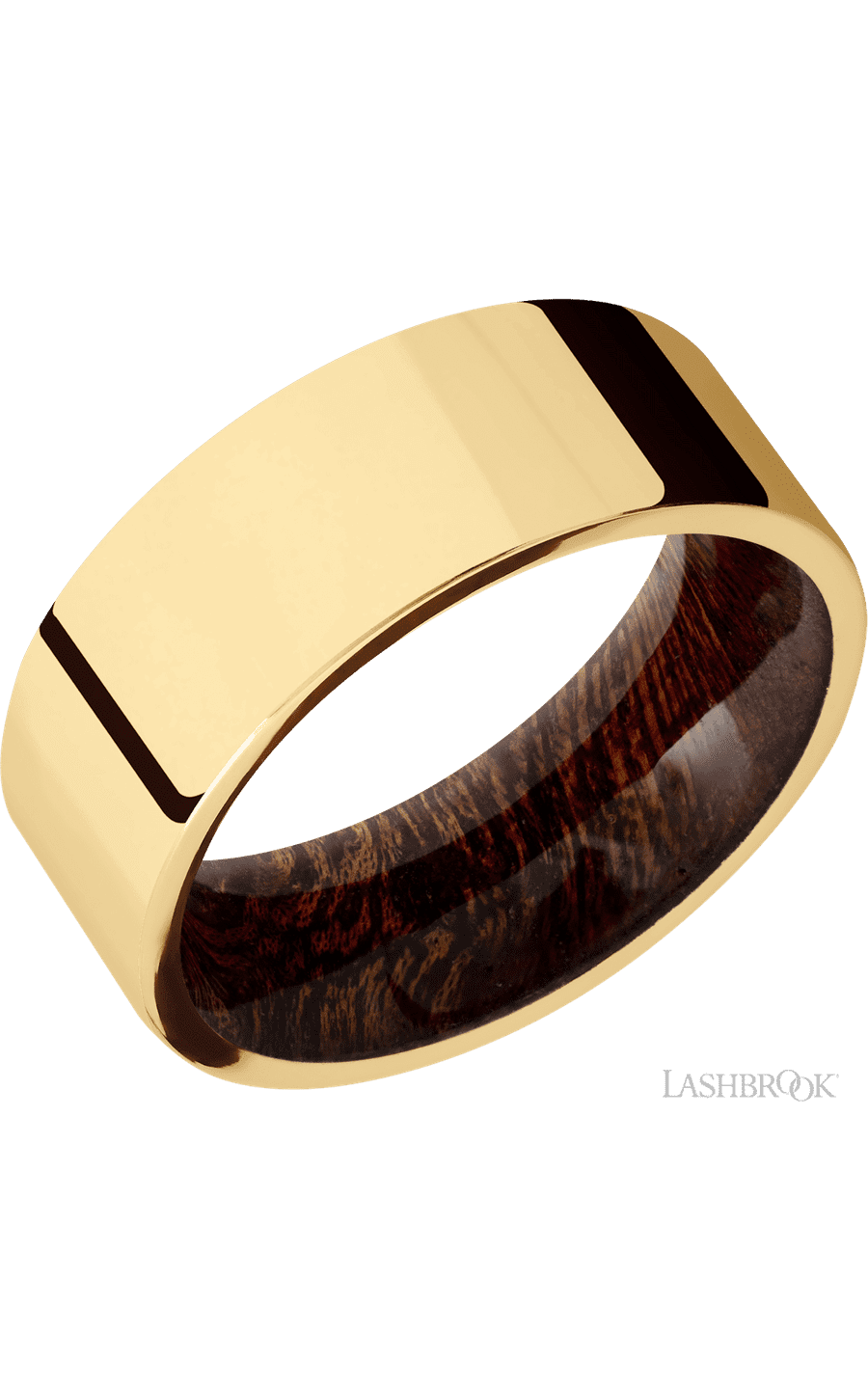 8 mm wide Flat 14K Yellow Gold band featuring a Sapele sleeve.