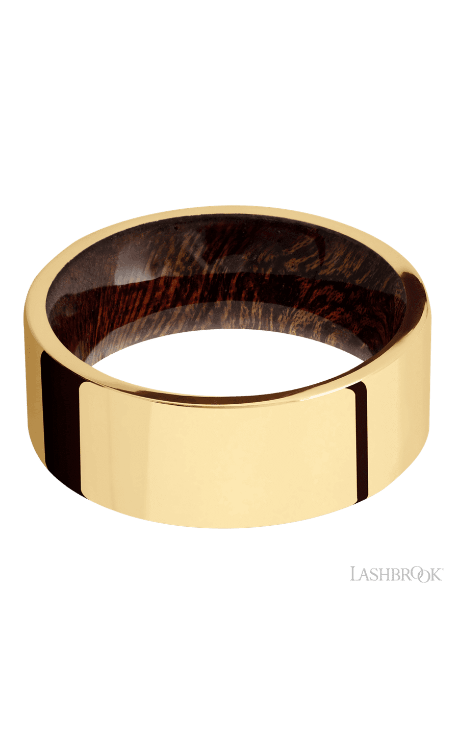 8 mm wide Flat 14K Yellow Gold band featuring a Sapele sleeve.