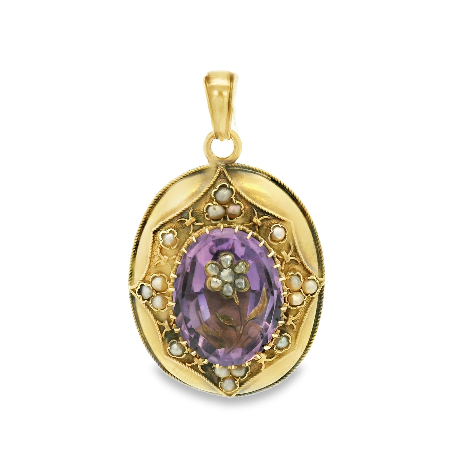 Vintage 14K Yellow Gold Locket Pendant With One Oval Amethyst and Pearls