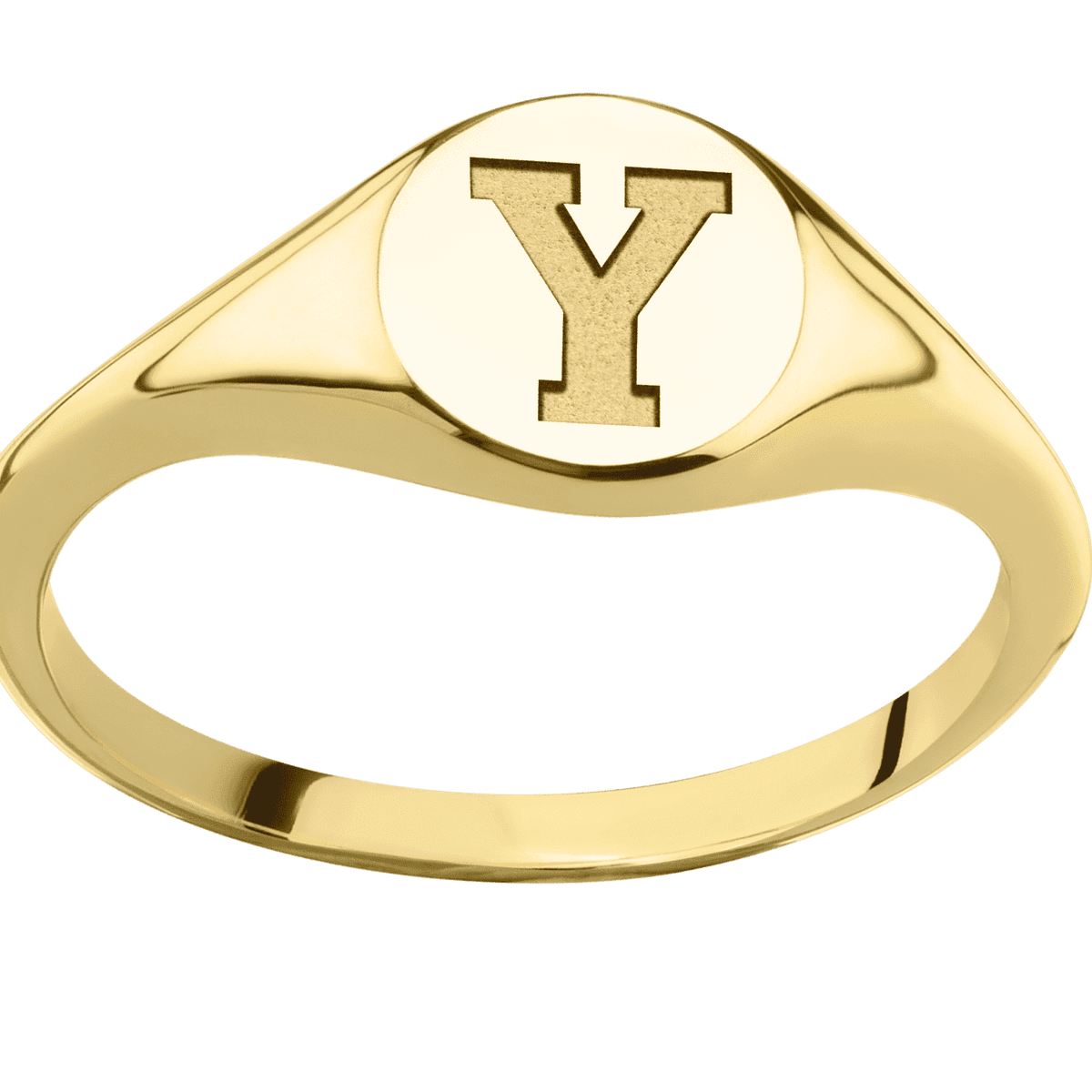 Small Circle signet ring (10mm) in 14K Yellow Gold, with a Thin style band and a Brigham Young Block Y engraving.