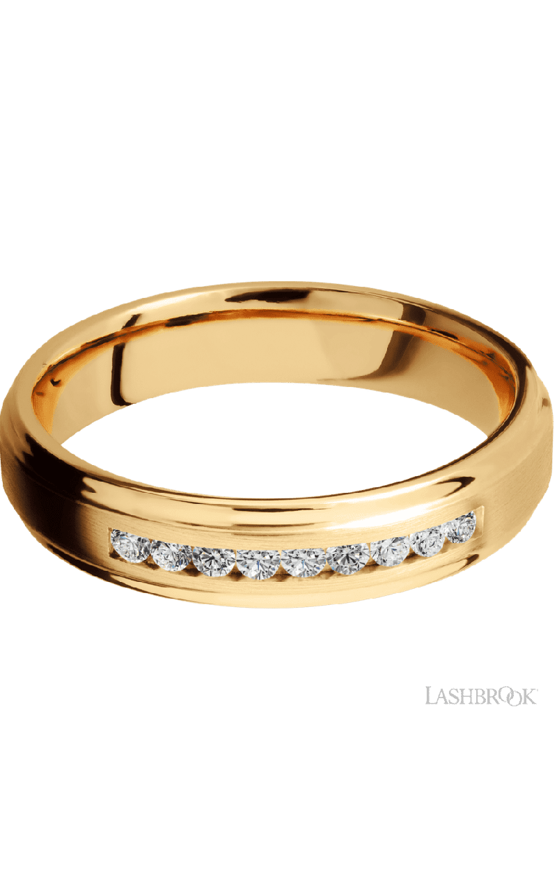 5 mm wide/Flat Grooved Edges/14K Yellow Gold band with an  arrangement of 9, .03 carat Round Diamond stones in a Channel setting.