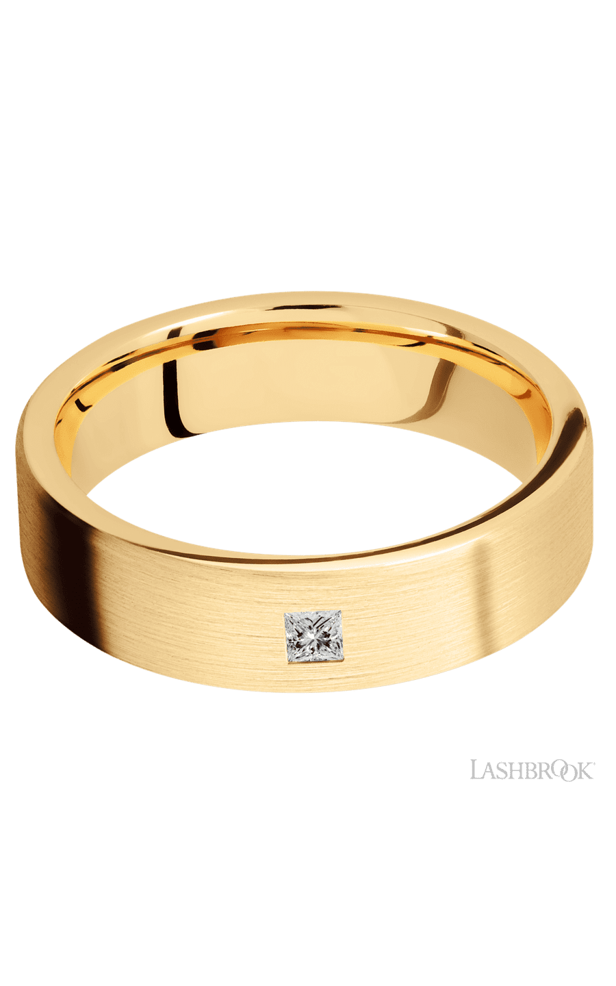 6 mm wide/Flat/14K Yellow Gold band with an  arrangement of 1, .1 carat Princess Diamond stones in a Flush setting.
