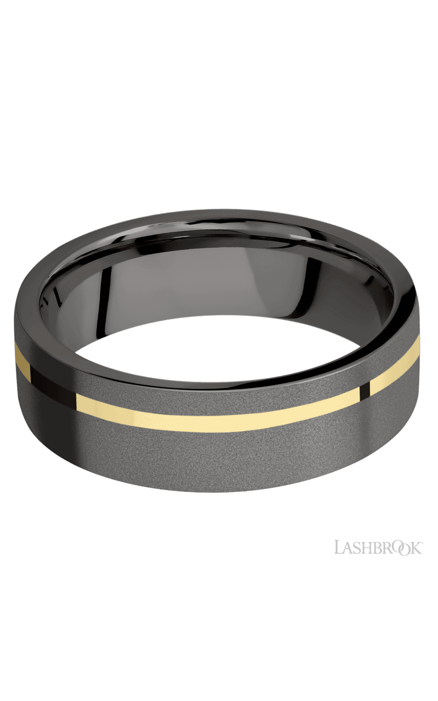 7 mm wide/Flat/Tantalum Noir band with one 1 mm Off Center inlay of 14K Yellow Gold.