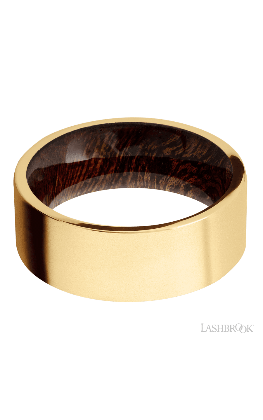 8 mm wide Flat 14K Yellow Gold band featuring a Sapele sleeve.