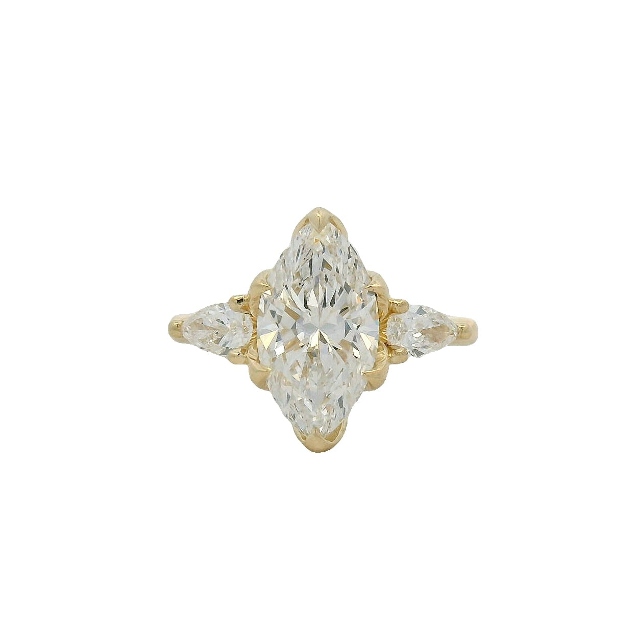 14KT Yellow Gold Marquise and Pear Three Stone Engagement Ring with Tulip Setting