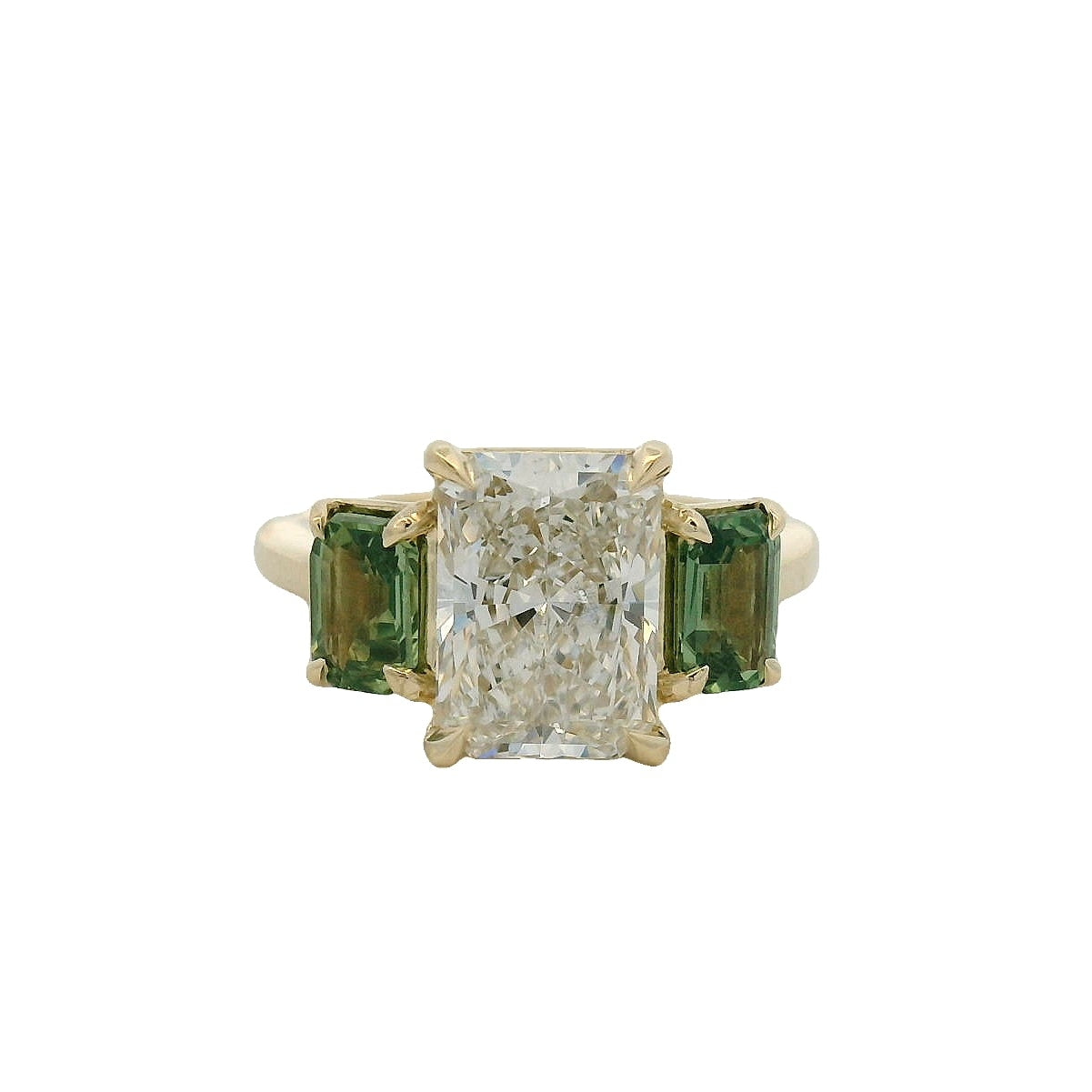 14KT Yellow Gold Three Stone Radiant Diamond and Green Sapphire Engagement Ring