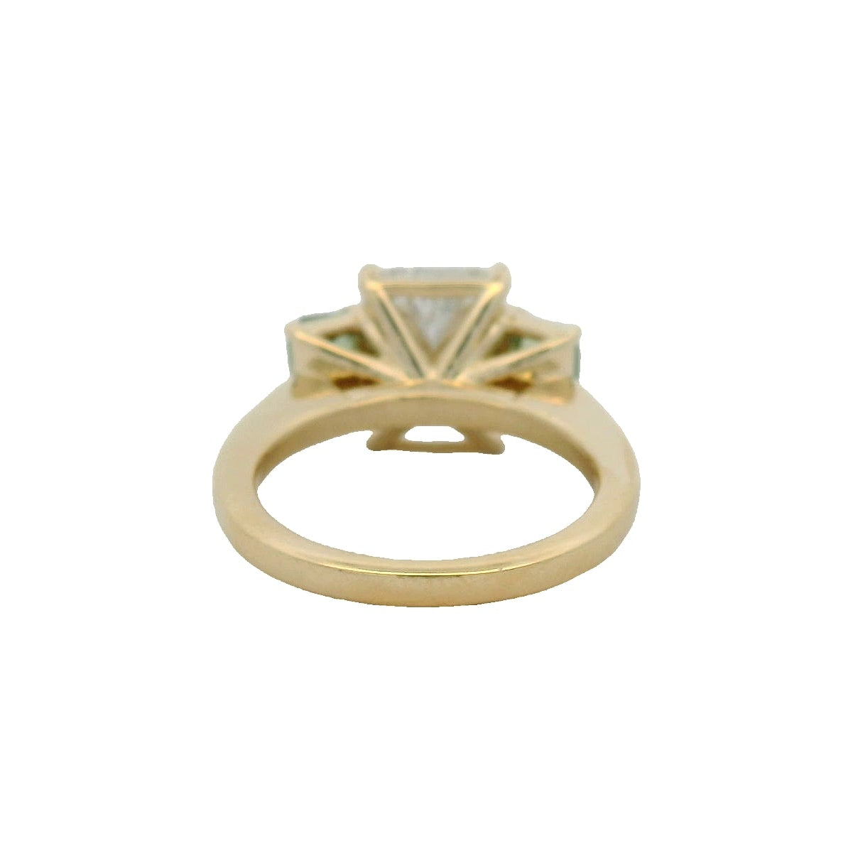14KT Yellow Gold Three Stone Radiant Diamond and Green Sapphire Engagement Ring