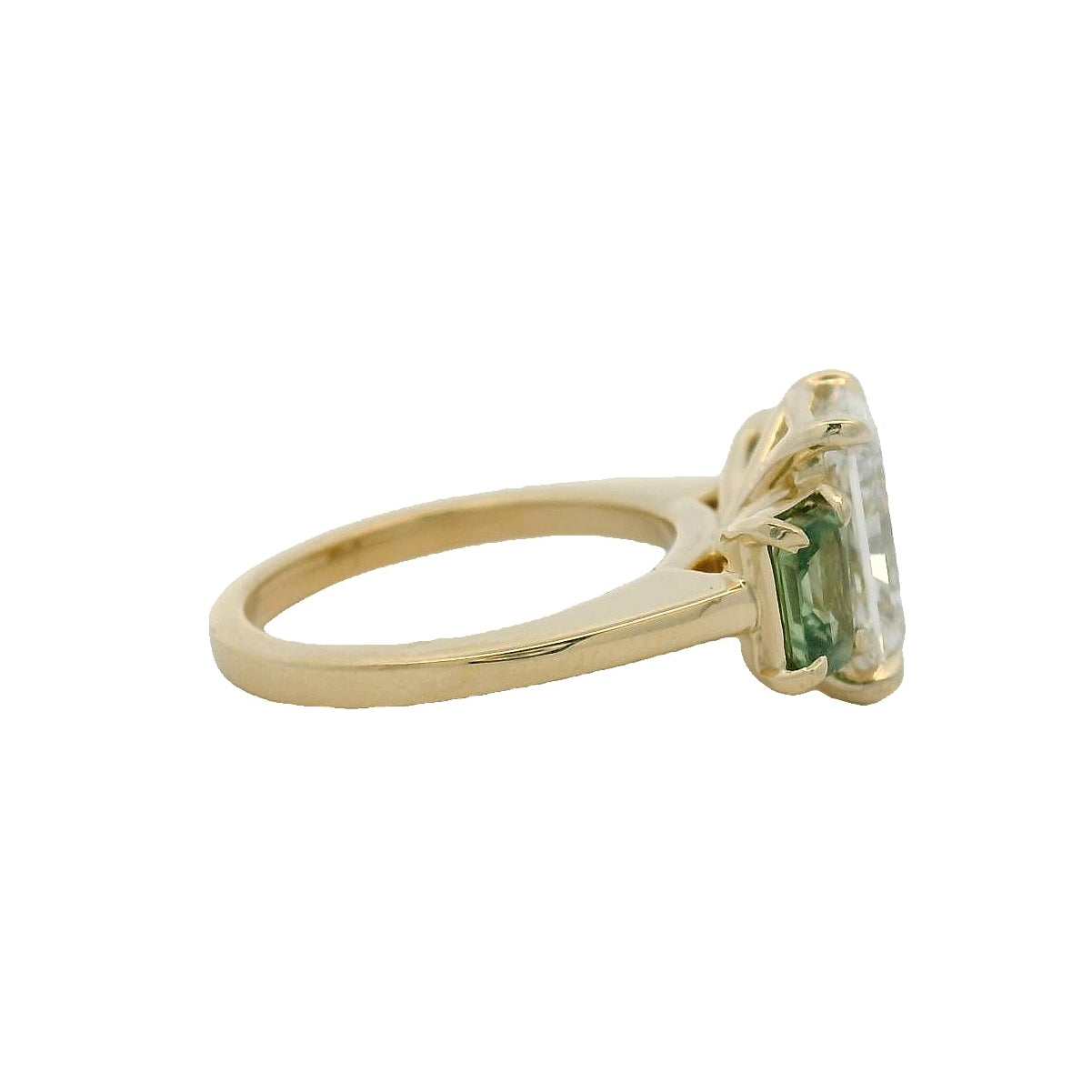 14KT Yellow Gold Three Stone Radiant Diamond and Green Sapphire Engagement Ring