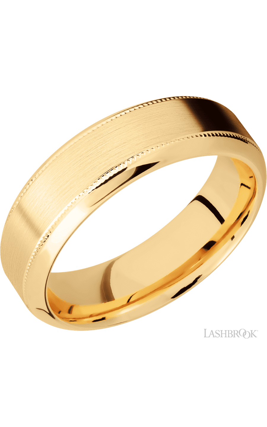 7 mm wide High Bevel Milgrain 14K Yellow Gold band.