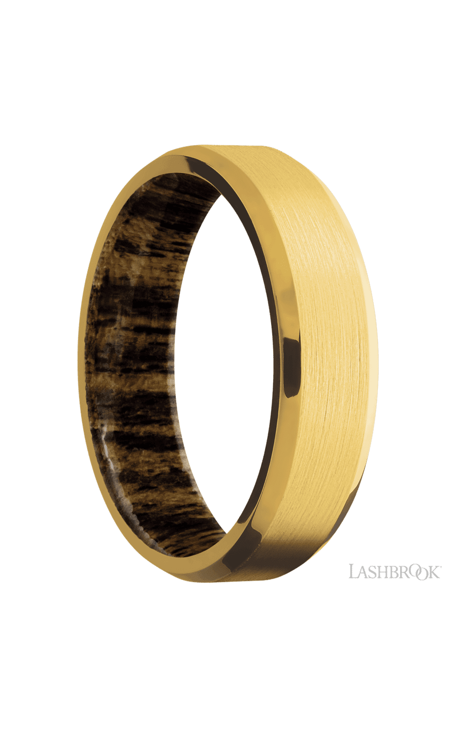 6 mm wide Beveled 18K Yellow Gold band featuring a Bocote sleeve.