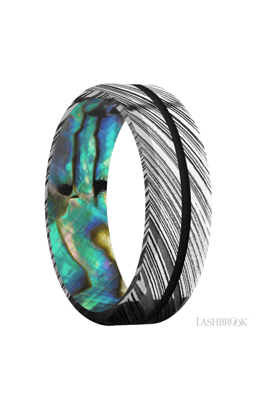 7 mm wide/Beveled/Woodgrain band with one 1 mm Centered inlay of Black also featuring a Abalone sleeve.
