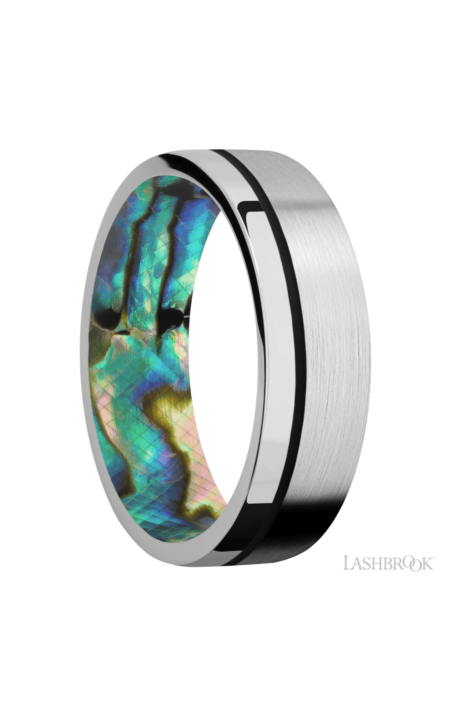 7 mm wide/Flat/14K White Gold band with one 0.5 mm Off Center inlay of Black also featuring a Abalone sleeve.