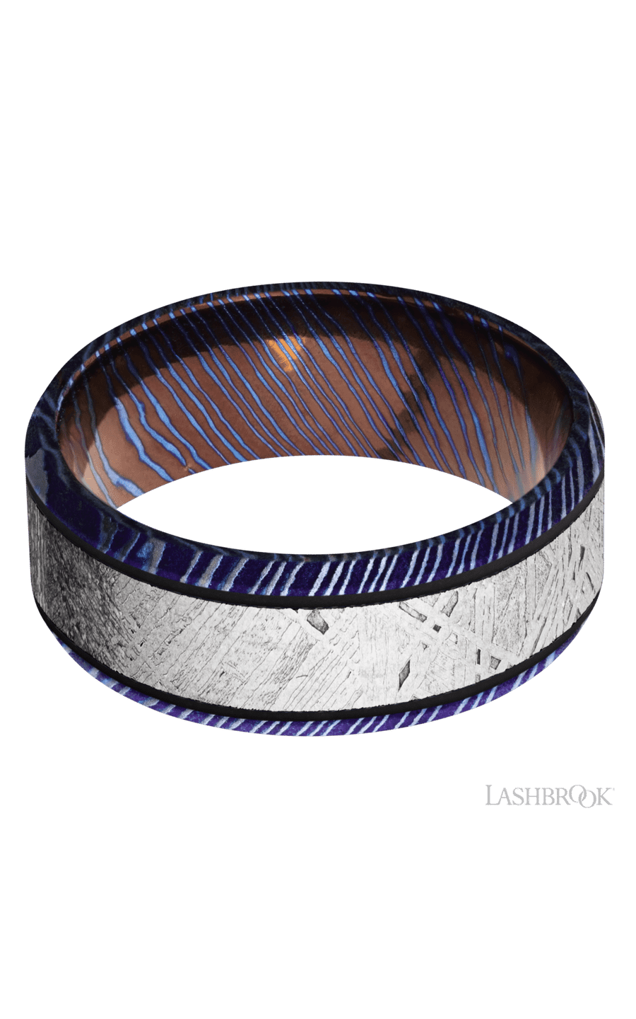 8 mm wide/Beveled/Titanium Damascus band with one 5 mm Centered inlay of Meteorite.
