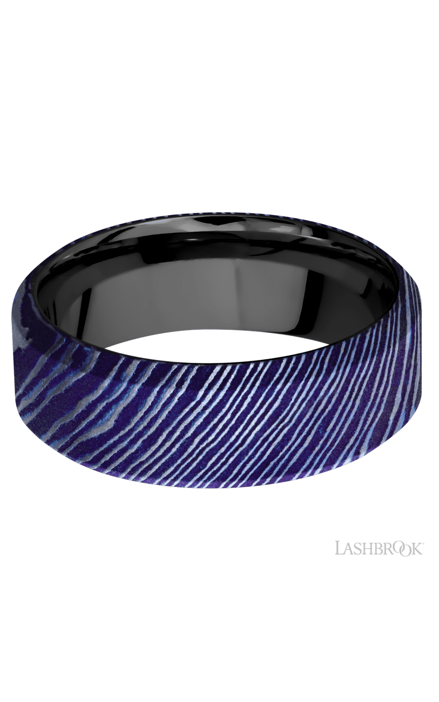 8 mm wide High Bevel Titanium Damascus band featuring a Zirconium sleeve.