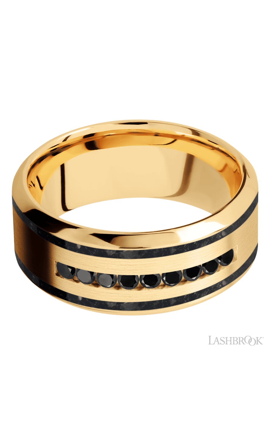 9 mm wide/High Bevel/14K Yellow Gold band with  two 1 mm Wide inlays of Black Onyx and featuring an  arrangement of 9, .03 carat Round Black Diamond stones in a Channel setting