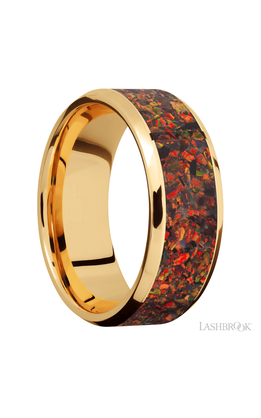 8 mm wide/Beveled/14K Yellow Gold band with one 6 mm Centered inlay of Red Opal.
