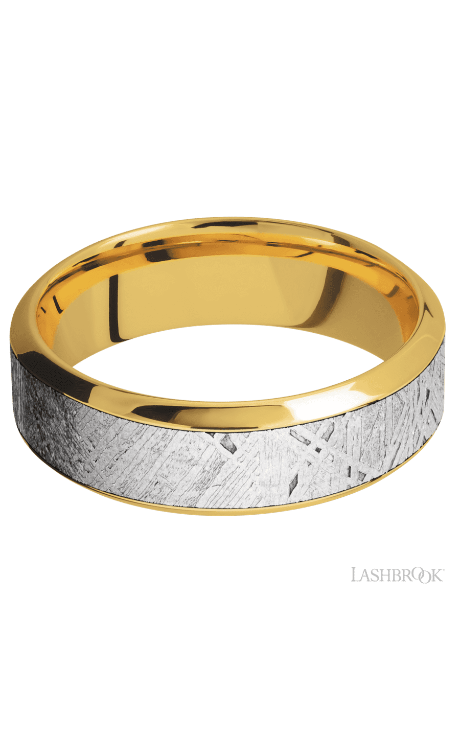 7 mm wide/High Bevel/18K Yellow Gold band with one 4 mm Centered inlay of Meteorite.