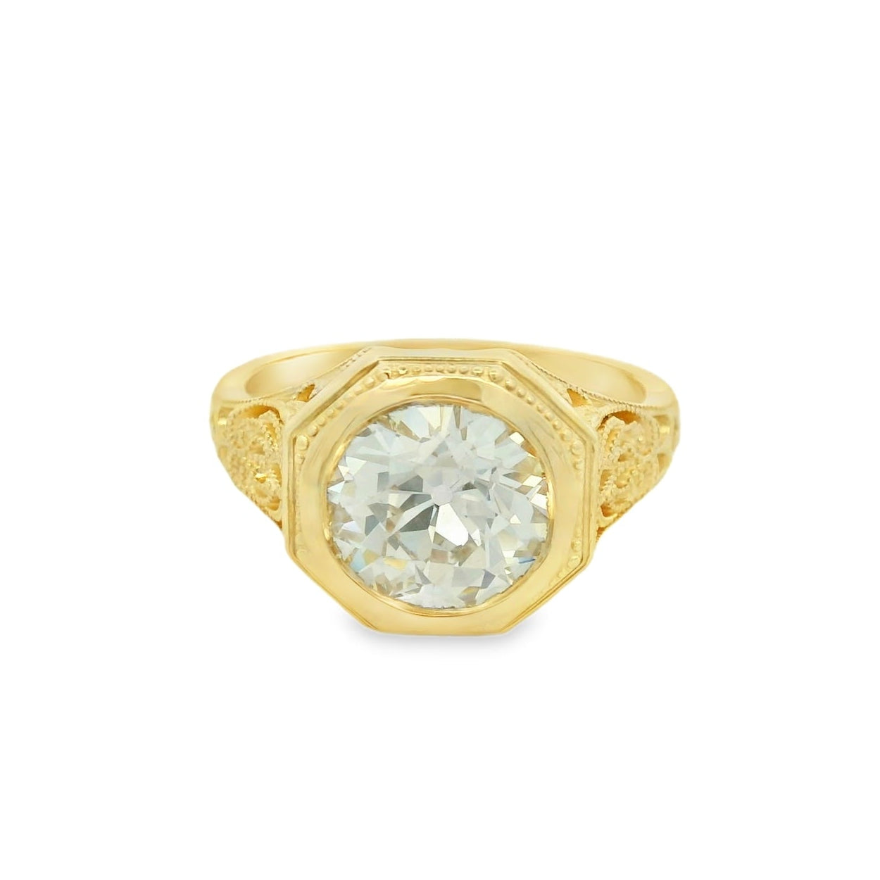 14KYG Bezel Set Engraved Round Engagement Ring