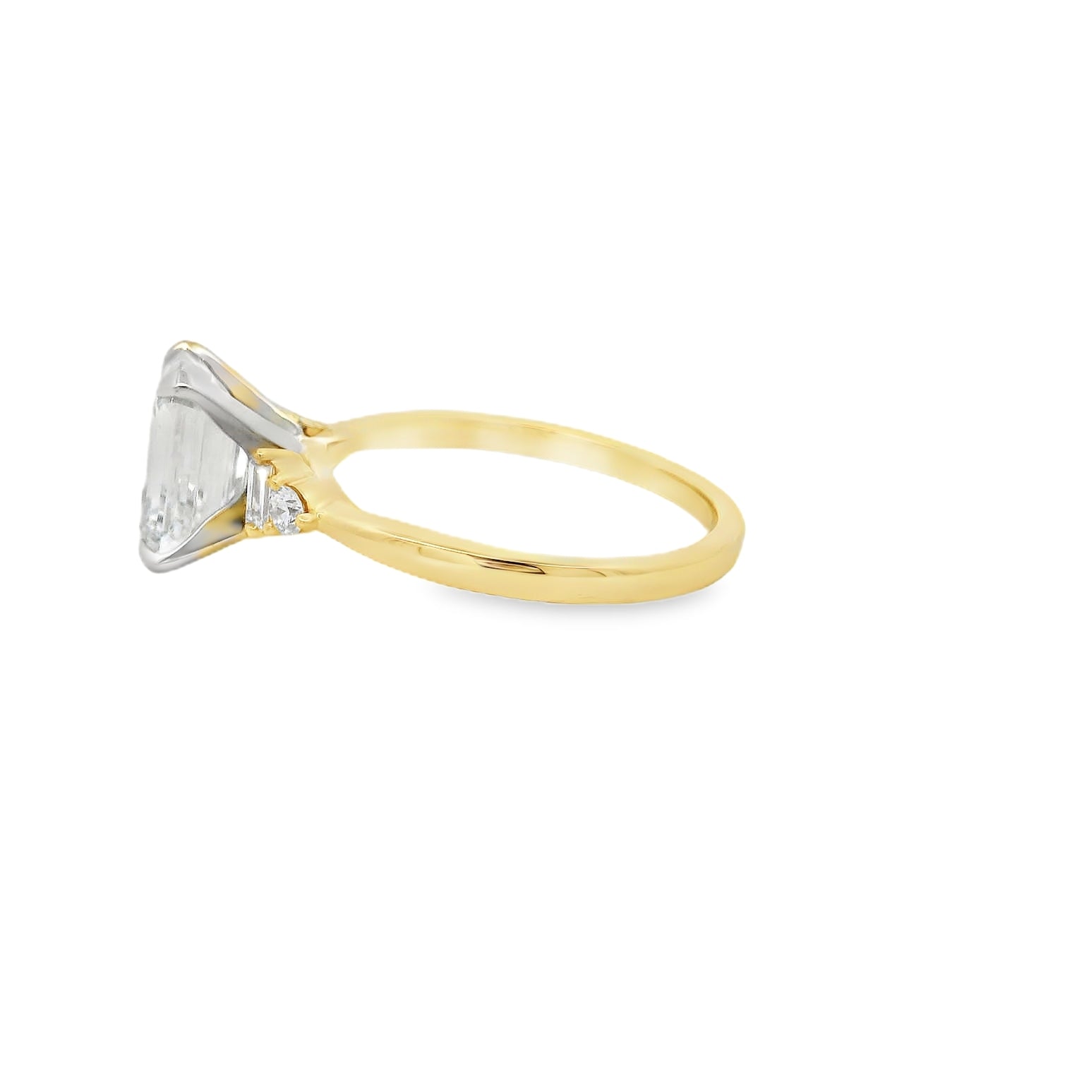 14KT yellow two tone Emerald cut baguette side stones engagement ring