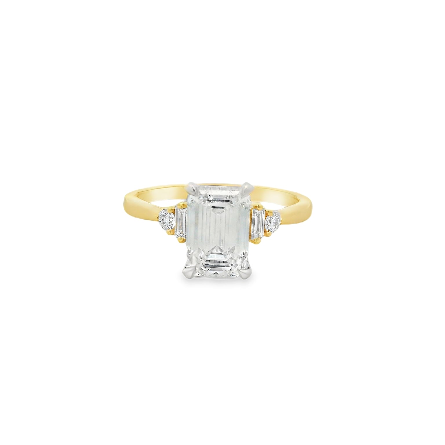 14KT yellow two tone Emerald cut baguette side stones engagement ring