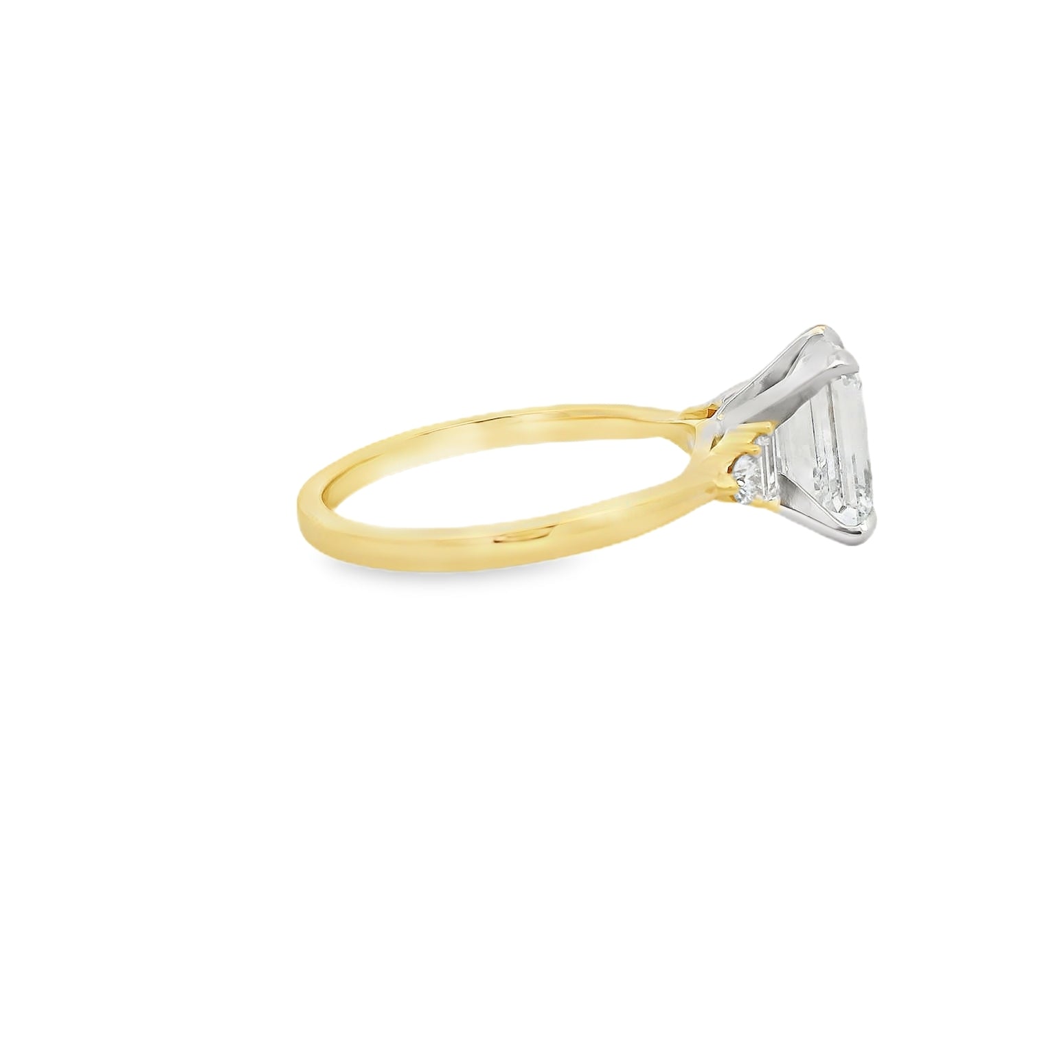 14KT yellow two tone Emerald cut baguette side stones engagement ring